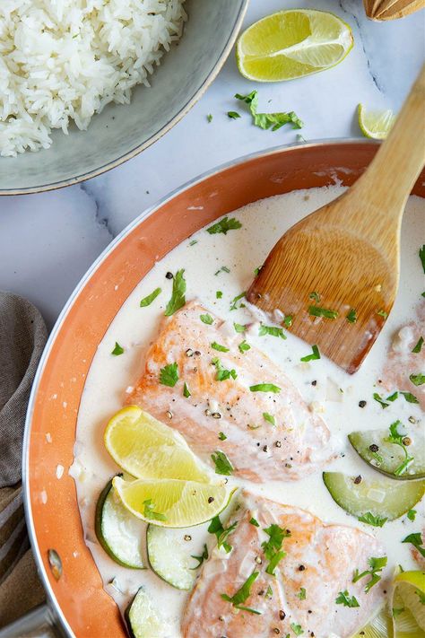 Poached Salmon In Coconut Lime Sauce, Salmon With Coconut Milk, Salmon In Coconut Milk, Basic Salmon Recipe, Salmon Coconut Milk, Coconut Milk Salmon, Fish In Coconut Milk, Coconut Salmon, Salmon Coconut