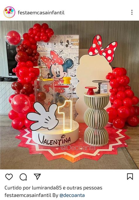 Minnie Mouse Birthday Party Ideas Red, Red Minnie Mouse Party Ideas, Mickey Mouse Backdrop, Minnie Mouse Birthday Theme, Minnie Mouse Birthday Party Decorations, Red Birthday Party, Baby Birthday Themes, Disney Theme Party, Birthday Party Theme Decorations