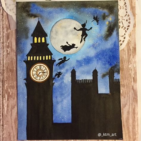 Peter Pan Acrylic Painting, Disney Silhouette Painting, Peter Pan Painting, Christmas Canvas Painting Ideas, Christmas Canvas Painting, Disney Canvas Paintings, Painting Gallery Wall, Mini Toile, Disney Canvas Art