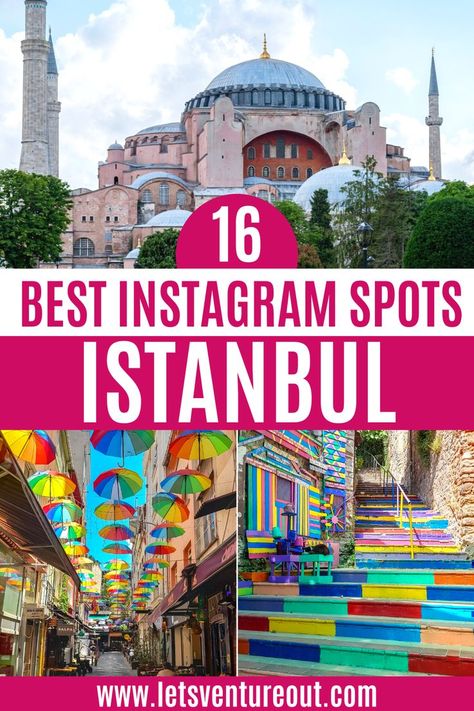 photo collage of the pink hagia sophia mosque, colorful umbrellas and rainbow stairs in istanbul Istanbul Turkey Map, Places In Istanbul, Istanbul Map, Turkey Map, Turkey Travel Guide, One Word Instagram Captions, Istanbul Photography, Turkey Destinations, Istanbul Travel