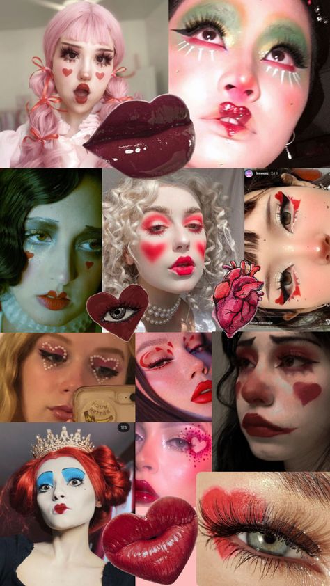 Heart makeup looks Makeup For Queen Of Hearts, Eye Heart Makeup, Queen Of Hearts Simple Makeup, Chappell Roan Heart Makeup, Cute Queen Of Hearts Makeup, Queen Hearts Makeup, Cupid Makeup Looks Halloween, Red Heart Makeup Look, Heart Themed Makeup