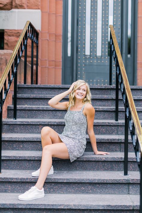 Stairs Poses Photography Dress, Stair Sitting Poses, Senior Stair Photos, Senior Pictures Stairs, Senior Pictures On Stairs, Senior Picture Ideas Stairs, 8th Grade Picture Ideas, Senior Picture Ideas Buildings, Stair Poses Photography