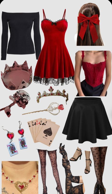 Queen Of Hearts Costume Accessories, Queen If Hearts Costume Diy, Halloween Costumes Queen Of Hearts Diy, Queen Of Hearts Horror, Easy Diy Queen Of Hearts Costume, Queen Of Hearts Costume Ideas Diy, Halloween Costumes Alice In Wonderland Queen Of Hearts, Queen Oh Hearts Costume, Heart Costume Diy