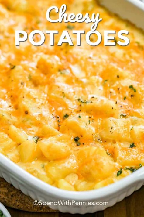 This easy cheesy potato casserole is great to prep and make ahead. Then just toss in the oven to bake until browned! You can also easily freeze this recipe for a quick meal or perfectly portioned leftovers! #spendwithpennies #cheesypotatoes #sidedish #ovenbaked #casserole #makeahead #freezerfriendly Easy Cheesy Potatoes, Cheesy Potato Bake, Cheesy Potatoes Recipe, Perfect Baked Potato, Cheesy Potato Casserole, Baked Potato Casserole, Cheesy Potato, Spend With Pennies, Potatoe Casserole Recipes