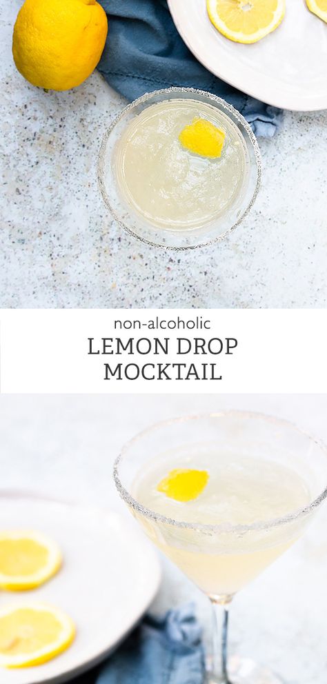 This nonalcoholic lemon drop mocktail is so delicious you'll be drinking it all year long! It's refreshing and tastes almost like the real thing! Just without the headache in the morning. Perfect for kids, pregnancy, or those who just want to enjoy a nonalcoholic drink. #mocktail #nonalcoholic #lemonrecipes #lemoncocktails #cocktails #happyhour #lemondrop Virgin Lemon Drop Martini, Lemon Mocktail, Drink Mocktail, Nonalcoholic Drink, Mocktail Bar, Mocktail Drinks, Lemon Cocktail, Alcohol Free Drinks, Mocktail Recipes