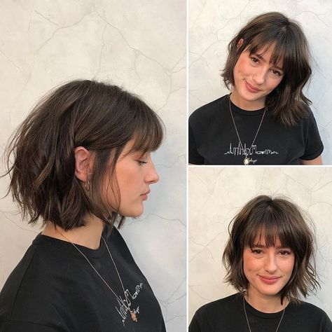 Grunge Short Hair With Bangs, Short Hair With Bangs Ideas, Bob Pendek, Bangs Ideas, Short Wavy Haircuts, Short Dark Hair, Fresh Haircut, Wavy Haircuts, Short Brown Hair