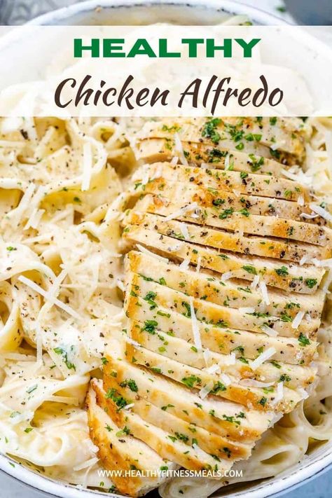 Chicken Fettuccine Alfredo Whole 30 Chicken Alfredo, Healthy Chicken Alfredo Meal Prep, Protein Fettuccine Alfredo, Healthy Chicken Alfredo Recipe Low Carb, Low Calorie Chicken Alfredo Recipe, Air Fryer Chicken Alfredo Recipe, Meal Prep Alfredo, Healthy Chicken Fettuccine Alfredo, Macro Friendly Chicken Alfredo