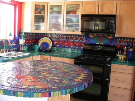 colorful glass countertops Mosaic Countertop, Kitchen Countertop Colors, Glass Kitchen Countertops, Unique Kitchen Countertops, Artistic Kitchen, Colorful Tiles, Mosaic Tile Kitchen, Mosaic Furniture, Mosaic Backsplash Kitchen