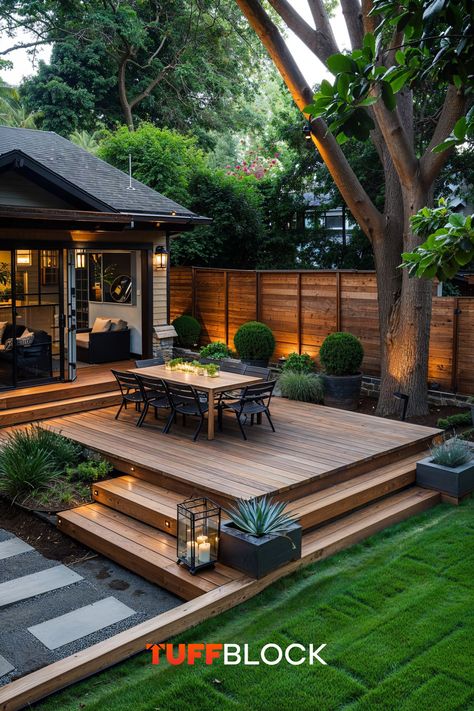 Landscape Modern Design, Backyard Ideas With Deck, Rustic Decking, Big Garden Ideas, Home Construction Ideas, Small Backyard Deck, Pebble Pathway, Tools Background, Diy Patio Ideas