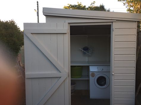 Laundry Room Shed Outhouse Laundry Room, Outhouse Utility Room Ideas, Outhouse Utility Room, Diy Outdoor Laundry Shed, Outdoor Utility Room Garden Sheds, Outdoor Washing Machine Storage, Shed Utility Room Small Laundry, Outside Washer And Dryer Ideas Backyard, Outdoor Utility Area