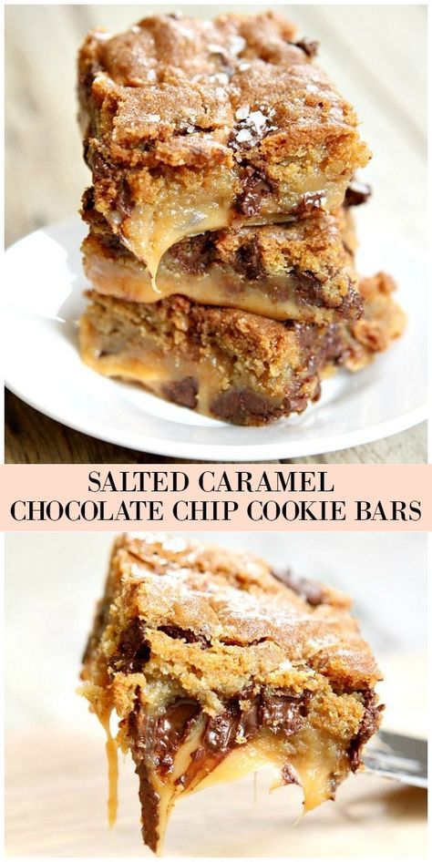 Salted Caramel Chocolate Chip Cookie Bars recipe from RecipeGirl.com #salted #caramel #saltedcaramel #chocolate #chip #chocolatechip #cookie #bars #recipe #RecipeGirl Caramel Chocolate Chip Cookie Bars, Caramel Chocolate Chip Cookie, Chocolate Chip Cookie Bar Recipe, Bars Dessert, Caramel Dessert, Smores Dessert, Gooey Bars, Caramel Chocolate Chip Cookies, Chocolate Chip Cookie Bars