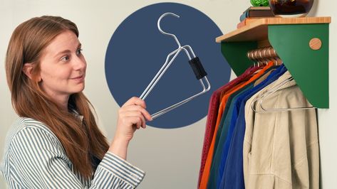 Foldable Clothes Hanger, Simone Giertz, Foldable Hanger, Folding Hanger, Closet Drawers, Hall Closet, Small Games, Small Closets, Hanger Design