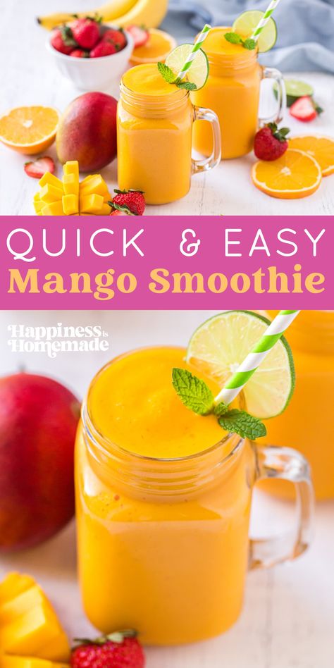 This quick and easy mango smoothie recipe is made from simple ingredients and is loaded with awesome health benefits! Start your day off right with this yummy and healthy mango smoothie! Best Mango Smoothie, Easy Mango Smoothie, Healthy Mango Smoothie, Mango Smoothie Recipe, Mango Banana Smoothie, Mango Smoothie Recipes, Mango Drinks, Keto Shakes, Fruit Smoothie Recipes Healthy