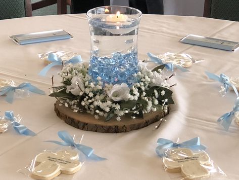 Baptism centerpiece Simple Centerpieces Baby Shower Boys, Bautizo Ideas Centerpieces, Christening Table Centerpieces, Baptism Boy Centerpieces, Christening Centerpieces Boy, Bautizo Ideas Boy Centerpieces, Bautizo Centerpieces For Boys, Babtizum Ideas For Boys, Baptism Centerpieces For Boys