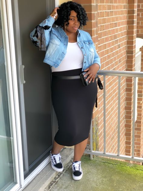 Pencil Skirt And Tshirt Outfit Casual, Pencil Skirt Outfits With Jordans, School Secretary Outfits Plus Size, Sporty Concert Outfit, Curvy Concert Outfit Summer, Plus Size Pencil Skirt Outfit, Snickers Outfit, Classy Athleisure, Black Pencil Skirt Outfit Casual