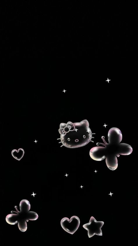 Glitter Hello Kitty Wallpaper, Sanrio Black Background, Hello Kitty Wallpaper Aesthetic Dark, Cute Wallpapers Aesthetic Pastel Dark, Hello Kitty Black Background, Dark Hello Kitty Wallpaper, Black Hello Kitty Wallpaper, Hello Kitty Wallpaper Black, Hello Kitty Halloween Wallpaper