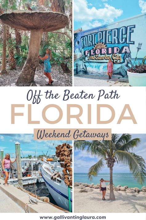 Four images, top left to right: girl with a blue dress standing underneath a giant mushroom, girl standing in a pink dress against a colourful mural wall that reads 'Fort Pierce Florida, The Sunrise City'. Bottom left to right: girl standing next to a sponge boat at the dock, girl standing underneath a palm tree looking down with the blue sea in the background Hidden Gems Florida, Florida Day Trips With Kids, Day Trips Florida, Southern Florida Vacation, Unique Places In Florida, Florida Must See Places, Cool Places To Visit In Florida, Florida Weekend Getaways, Best Places To Visit In Florida