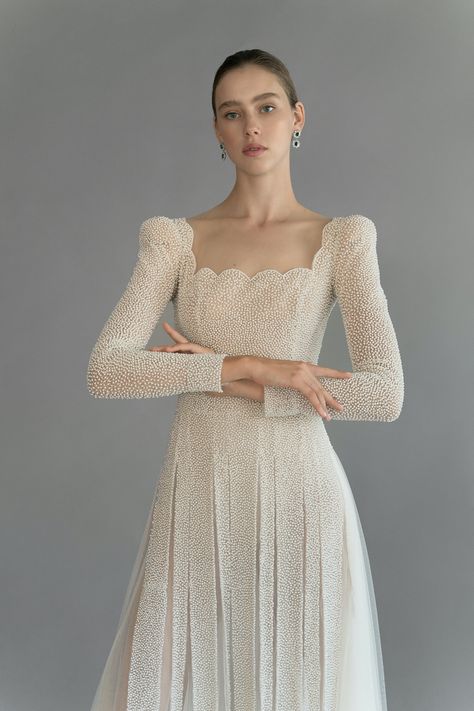 Chana Marelus, Dahlias Wedding, Sheath Wedding Gown, Sleeved Wedding, Scalloped Neckline, Winter Wedding Dress, Allure Bridal, Long Sleeve Wedding, Wedding Dress Sleeves