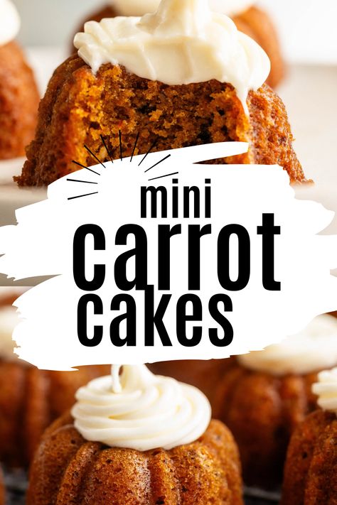 Our mini carrot cakes are topped with crunchy walnuts and homemade cream cheese frosting. They're prepared in a mini Bundt cupcake pan, making them the perfect size. Mini Bundt Carrot Cakes, Individual Carrot Cake, Carrot Cake Mini, Carrot Cake Bundt, Mini Carrot Cakes, Carrot Cake Topping, Pumpkin Bundt Cake Recipes, Mini Bundt Cakes Recipes, Homemade Cream Cheese Frosting