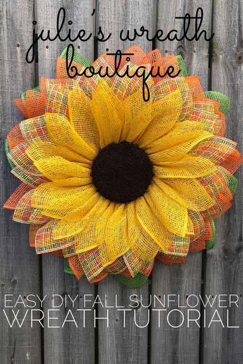 Diy Wreath Tutorial, Front Door Wreath Tutorial, Wreath For Your Front Door, Burlap Sunflower Wreath, Sunflower Burlap Wreath, DIY Craft, DIY Home Decor, Interior Design, Curb Appeal, Julie’s Wreath Boutique Tutorial, #JuliesWreathBoutique #DIYHomeDecor Diy Wreath Tutorial, Zinnia Wreath, Burlap Sunflower Wreath, Sunflower Wreath Diy, Burlap Sunflower, Sunflower Burlap Wreaths, Couronne Diy, Burlap Wreath Tutorial, Deco Mesh Wreaths Tutorials