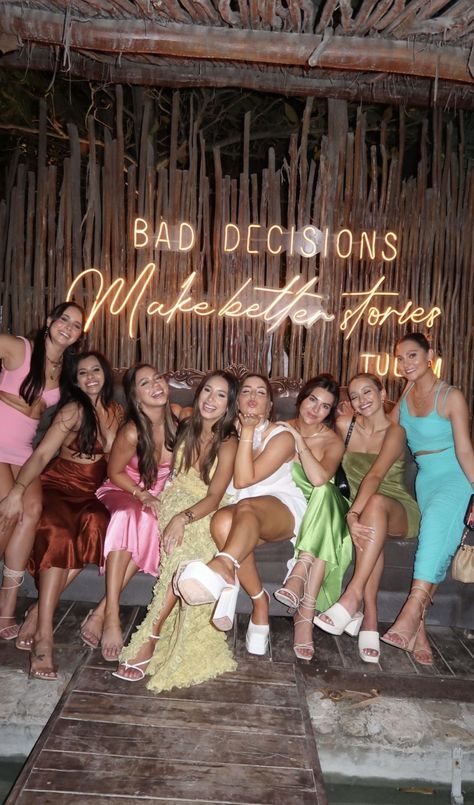 Color Bachelorette Party Outfits, Bachelorette Cabo Outfits, Colorful Group Outfits, Bach Outfits For Bridesmaids, Jewel Tone Bachelorette Party, Sunset Colors Bachelorette, Tulum Before The Groom Bachelorette, Matrimony And Margs Bachelorette Party, Tulum Beach Club Outfits