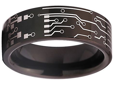 Circuit Board Ring, Black 8mm tungsten ring available in sizes 5 - 17 PCB Electrical Engineer Ring.  Customize with a special name, date or message on the inside of the band. #CircuitBoard #PrintedCircuitBoard #Ring #ElectricalEngineer #Tungsten #Forsale Black Tungsten Wedding Band, Career Fields, Pcb Design, Tungsten Wedding Band, Printed Circuit, Printed Circuit Board, Black Tungsten, Hard Metal, Tungsten Wedding Bands