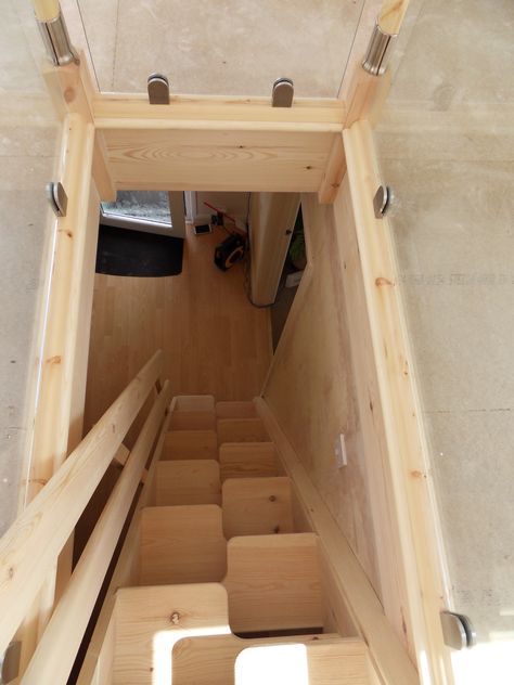 attic designs space saver step conversion with glass balustrade Floor Hatch, Basement Doors, Attic Staircase, Loft Stairs, Small Attic, Attic Flooring, Attic Conversion, Attic Room, Attic Stairs