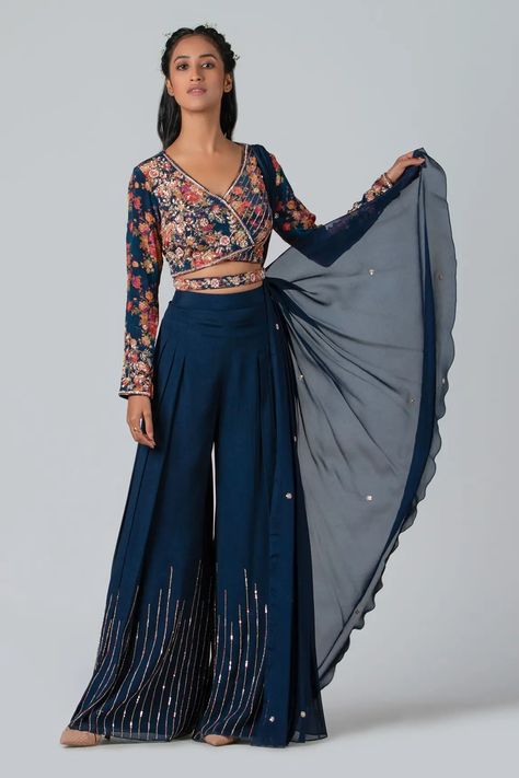 Blue Crepe Floral Printed Padded Crop Top and Flared Pant Set with Belt and Attached Dupatta Top Plazo Dress, Plazo Dress, Embroidery Crop Top, Full Sleeve Crop Top, Padded Crop Top, Royal Blue Crop Top, Suits For Women Indian, Simple Frock Design, Printed Crop Top