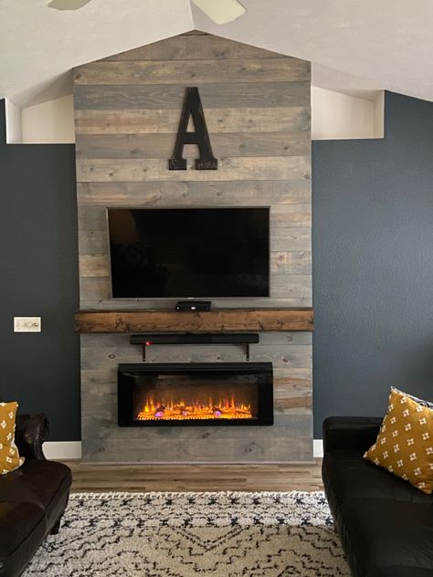 Wall Mounted Fireplace Electric And Tv, Floating Fireplace Under Tv, Fireplace Chase Ideas, Mantel With Fireplace Insert, Electric Fireplace With Mantle Brick, Fireplace With Tv Makeover, Tv And Wall Mounted Fireplace, Pallet Wall Fireplace, Diy Fireplace Feature Wall