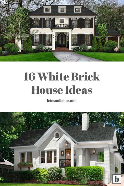 At brick&batten, we have been giving recommendations about painting brick homes for years. Not everyone is a fan, which we get, but painting your brick façade can be a budget-friendly way to make a major exterior upgrade. In particular, the white brick house has been trending for years and remains very popular with our clients and designers alike. Check out these white brick house designs for inspiration! #paintedbrick #housepaint #whitehouses Brick House Ideas, Colonial Brick House, Painted White Brick House, White Brick House Exterior, White Painted Brick Exterior, Painted Brick Ranch, White Brick House, Brick Ranch Houses, Painting Brick