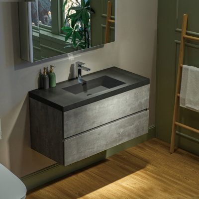 WOODBRIDGE 47-1/4 in. W x 19-5/8 in. D Wall Mounted Floating Bathroom Vanity in Gray with Quartz Sand Composite Vanity Top in Matte Black Top Finish: Black | WoodBridge 47-1 / 4 in. W x 19-5 / 8 in | 22.5" H X 47.25" W X 19.625" D | Wayfair Modern Floating Vanity, Bathroom Floating Vanity, Floating Vanity Bathroom, Contemporary Luxury Bathroom, Wood Bathtub, Vineyard House, Floating Bathroom Vanities, Laundry Design, Mounted Vanity