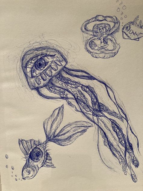 Trippy Jellyfish Drawing, Scary Fish Drawing, Weird Eye Drawings, Jellyfish Eyes, Weird Drawing Ideas, Under The Sea Drawings, Surreal Sketch, Surrealism Drawing, Line Tattoo Ideas