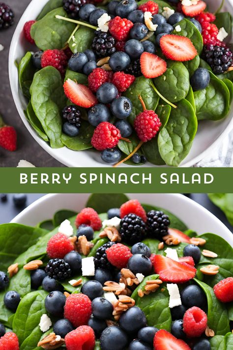 🍓 Elevate your salad game with our delightful Berry Spinach Salad! Packed with vibrant baby spinach, juicy strawberries, blueberries, raspberries, and a touch of crumbled feta, this refreshing dish is a symphony of sweet and savory. Topped with toasted almonds and drizzled with balsamic vinaigrette, it's a perfect blend of textures and flavors. 🥗✨ Ideal for a light lunch or a side dish that steals the show. Customize with grilled chicken for added protein! 🍽️#HealthyEating #myskinnyrecipes Berry Balsamic Salad, Berry Dishes, Berry Spinach Salad, Salad With Berries, Balsamic Salad, How To Make Spinach, Balsamic Vinaigrette Dressing, Berry Salad, Spinach Strawberry Salad