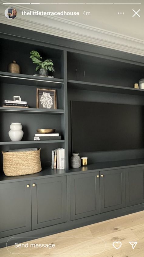 Living Room Designs Built In Shelves, Bookshelf Entertainment Center Diy, Bookshelves Entertainment Center, Two Toned Bookshelf, Black Built In Entertainment Center, Library Media Room, Basement Media Center, Bookshelf Around Couch, Tv Unit With Book Shelves