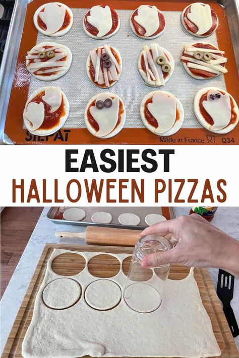 Homemade Pizza Halloween, Mini Pumpkin Pizzas, Halloween Pizza Bagels, Halloween Homemade Pizza, Halloween Mini Quiche, Diy Halloween Pizza, Easy Halloween Pizza, Mini Halloween Pizzas, Halloween Simple Recipes