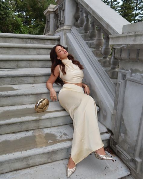 PRINCESS ENERGY 🪞🤍✨ @graciepiscopo in our Butter Cream Satin Tie Side High Neck Cowl Crop Top & Butter Cream Satin Mid Rise Maxi Skirt 🍋 Tap to shop 🫶 Gracie Piscopo, Backless Silk Dress, Princess Energy, Long Straight Skirt, Beach Party Outfits, Vest Tops, Silk Outfit, Silk Maxi, Skirt Long