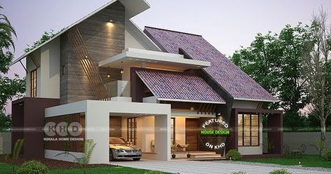 2450 square feet unique ultra modern 4 bedroom slanting roof house plan by Green Homes, Thiruvalla, Cochin and Alappuzha, Kerala. Shed Type Roof Modern House, Palm Gold, Modern Roof Design, Bungalow Designs, Indian House Plans, Green Homes, House Roof Design, Roof House, Slanted Ceiling