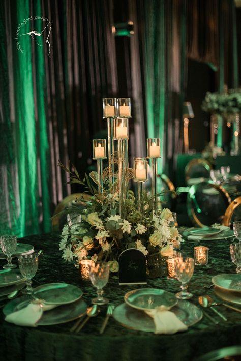 Emerald Green Sangeet Decor, Dark Green Reception Decor, Rainforest Theme Quince, Emerald Green And Gold Reception Decor, Emerald Green And Gold Wedding Decor Receptions, Emerald Green Masquerade Party, Green And Black Sweet 16, Dark Green Centerpieces, Emerald Green Reception Decor