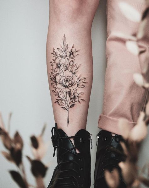 Best Leg Tattoo Idea Images for Women tattoo, tattoo images, leg tattoo, women tattoo, tattoo design Shin Tattoo Womens Floral, Calf Piece Tattoo Women, Womens Lower Leg Tattoo Ideas, Front Lower Leg Tattoo Women, Front Of Shin Tattoo, Floral Lower Leg Tattoo, Shin Floral Tattoo, Back Leg Tattoos Women Calves, Back Of The Calf Tattoos For Women