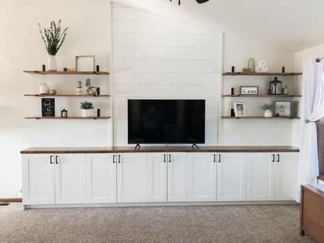 Turn Wall Cabinets Into Custom Storage, Shiplap Tv Wall With Cabinets, Living Room Tv Wall Storage, Large Shiplap Wall Living Room, Built In Entertainment Center Vaulted Ceiling, Entertainment Center On Vaulted Wall, Open Shelving Around Tv, Vaulted Tv Wall Ideas, Vaulted Ceiling Small Living Room