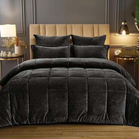 PRICES MAY VARY. What You Can Get: PHF velvet bed in a bag for all your matching needs: 1 comforter(90"x90"), 2 Pillow Shams(20"x26"), 2 Euro Shams (26"x26"). Due to the vacuum packaging, after receiving the comforter, you need to hang it up and pat it, wait for it to get fluffy again and you can enjoy a comfortable and relaxing sleep. Luruxy Home Decor: PHF Crushed Velvet fabric shows stunning texture and lustre in the light, creating a glamourous light and shadow effect that easily creates a h Black Velvet Comforter, Black Velvet Bedding, Comfy Bed Comforters, Black Bed Comforters, Black Wall Bedroom Decor, Velvet Comforter Bedroom, Black And Wood Bedroom, White And Black Bedding, Corduroy Bedding