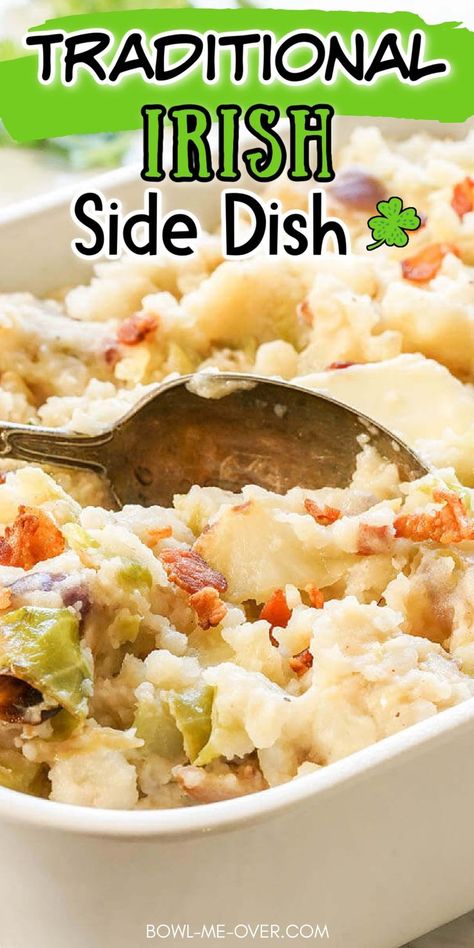 Colcannon is the BEST traditional Irish side dish recipe for St. Patrick’s Day or any meal you're serving up great comfort food! It combines creamy mashed potatoes with cabbage, onion and bacon! This traditional Irish dish is savory and delicious! Irish Carrots St Patrick, Irish Potato Salad Recipe, Colcannon Recipe Traditional, Irish Dishes Traditional, Irish Side Dishes, Irish Potato Salad, Irish Potatoes Recipe, Irish Dinners, Healthy Drink Ideas