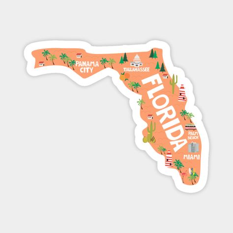 colorful illustrated map from Florida state in the usa of america -- Choose from our vast selection of magnets to match with your desired size to make the perfect custom magnet. Pick your favorite: Movies, TV Shows, Art, and so much more! Available in two sizes. Perfect to decorate your fridge, locker, or any magnetic surface with. Florida Stickers, Map Sticker, Tallahassee Florida, Illustrated Map, Panama City Panama, Florida State, Custom Magnets, Palm Beach, Funny Stickers