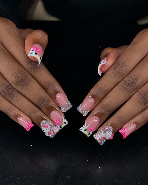 Hello Kitty Process Post 🎀🌸🦓 ~ ~ ~ #explore #explorepage #hellokitty #hellokittylover #hellokittyaddict #nails #nailtech #floridanailtech #nailart #naildesign #nailinspo Helooo Kitty Nails, Hello Kitty Junk Nails, Nails Acrylic Hello Kitty, Hello Kitty Nail Ideas, Hello Kitty Halloween Nails, Hello Kitty Duck Nails, Hello Kitty Nails Acrylic, Fye Nails, Nail Piercing