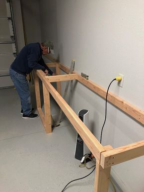 Basement Work Bench Ideas, Garage Work Bench Plans, Corner Workbench Ideas, Woodshop Workbench Ideas, Workbench Ideas Garage, Built In Workbench, Garage Bench Workbenches, Garage Workshop Layout Work Benches, Garage Work Bench Diy Workbench Designs