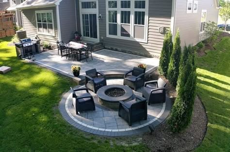 Pavers Backyard Fire Pit, Backyard Concrete Patio With Fire Pit, Fire Pit Off Deck Ideas, Two Tiered Patio, Concrete Patio With Grill Area, Asphalt Patio Ideas, Backyard Concrete Patio Designs Layout, Small Patio Ideas With Fire Pit, Fire Pit Designs Seating Areas