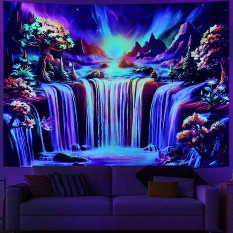 PRICES MAY VARY. Premium Material: This blacklight waterfall tapestry is made of 100% high quality polyester, which is soft, portable, dry quickly, light weight, easy to hang and skin-friendly. UV/Black Light Reactive: Because of the special ink and advanced printing technology, this wonderland waterfall tapestry can emit gorgeous color under the UV/Black Light. Multiple Uses: This UV Reactive forest tree tapestry has many purposes. You can use it as bedroom decor, sofa cover, tablecloth, bedspr Plant Tapestry, Landscape Tapestry, Colorful Plant, Blacklight Tapestry, Mountain Tapestry, Easy Room Decor, Tree Tapestry, Forest Tapestry, Canvas Diy