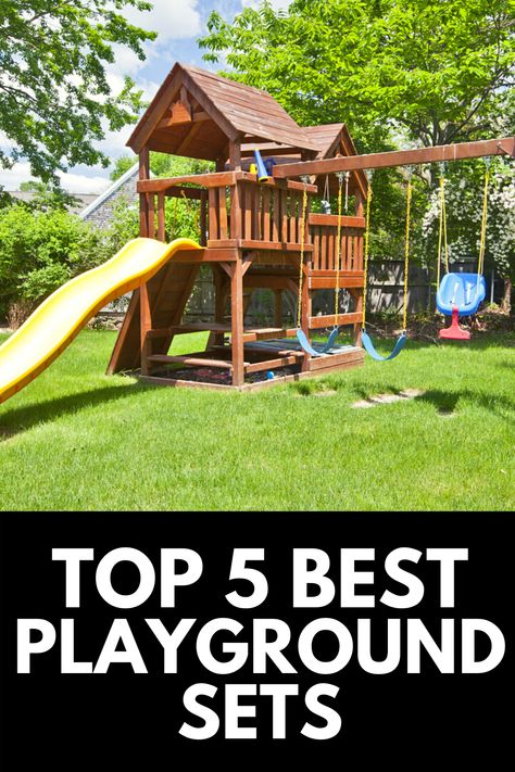 Having a playground set is every kid's dream, and in this article, we provide a complete review and buying guide of the top 5 best backyard playground sets! Read more at OwnTheYard.com! Kids Outdoor Play Area Ideas Playground Design, Playground Sets Backyards, Home Playground Ideas Backyard, Play Ground For Kids Backyard Ideas, Kids Playground Backyard, Backyard Decoration Ideas, Backyard Playground Ideas, Outdoor Playscapes, Playground Backyard