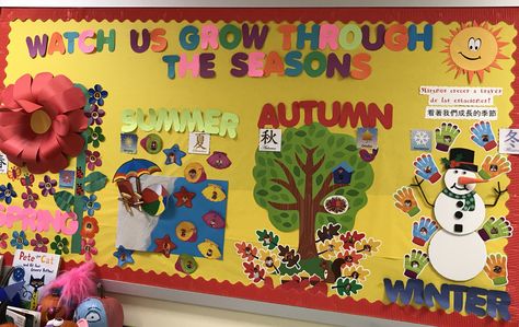 Seasons bulletin board 4 Seasons Bulletin Board Ideas, Four Seasons Bulletin Board Ideas, Seasons Bulletin Board Preschool, Seasons Board Preschool, Seasons Bulletin Board Ideas, Season Bulletin Board Ideas, Nursery Bulletin Board, Infants Activities, Weather Bulletin Board