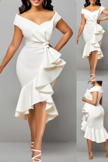 This white dress has ruffle, bowknot, and mermaid design elements. It's perfect for summer and elegant evening events. Made of 97% polyester and 3% spandex, it has short sleeves and an off-shoulder neckline. The package includes one dress that can be hand or machine washed. #womenfashion #womenstyle #womenwear #womenclothing #beauty #partydress #dress #party #eveningdress #sexydress #fashion #style #stylish #dress #outfit Beautiful Neckline Designs, White Party Gowns Elegant Classy, White Dresses For Church, Short White Gown, White Dress For Church, White Gowns Elegant Classy, White Party Outfits Women, White Short Gown, Dinner Dresses Classy Elegant Short